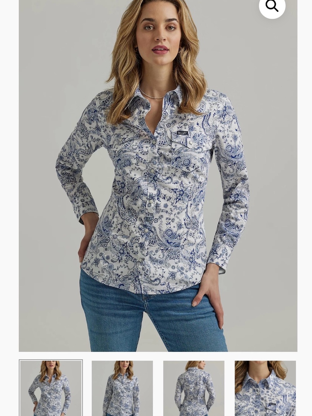 Wrangler White Shirt with Blue Paisley Print Size Medium.